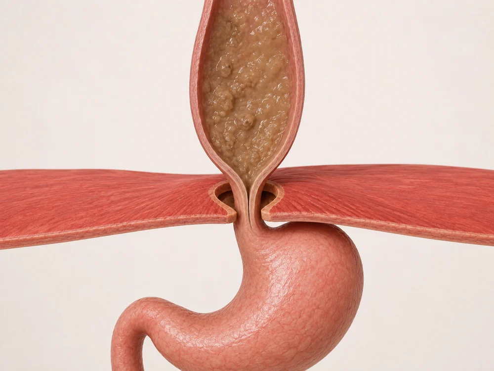 Ilustración de acalasia: el esófago dilatado y su válvula inferior cerrada